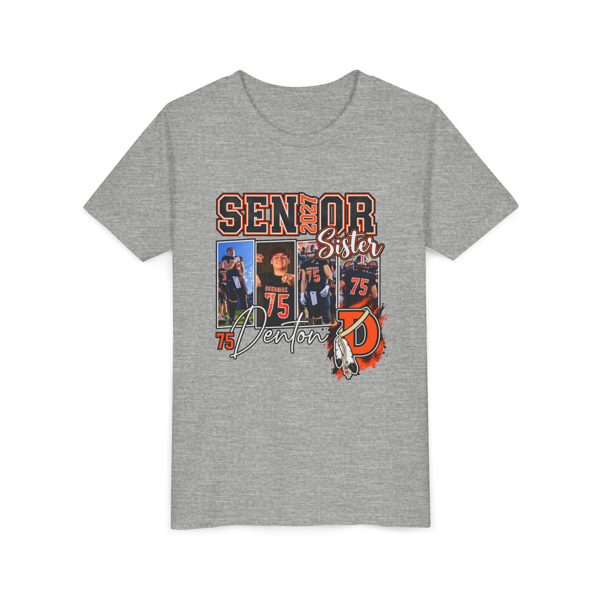 Senior Sister Youth Tee - Custom Player Number 75 Football Mom/Daughter Shirt