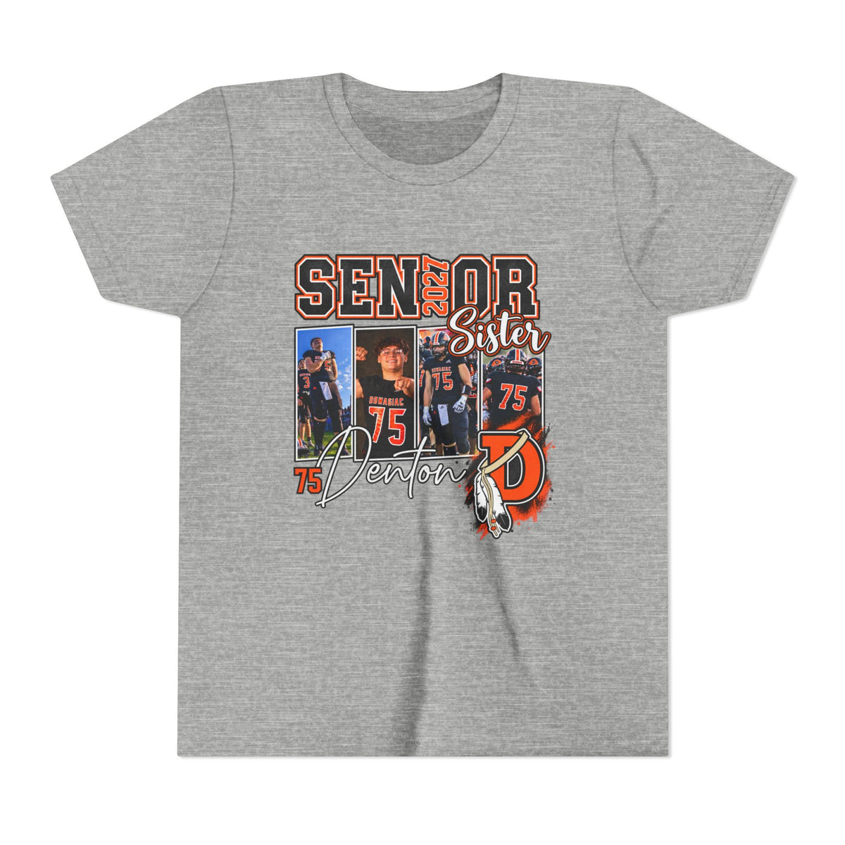 Senior Sister Youth Tee - Custom Player Number 75 Football Mom/Daughter Shirt