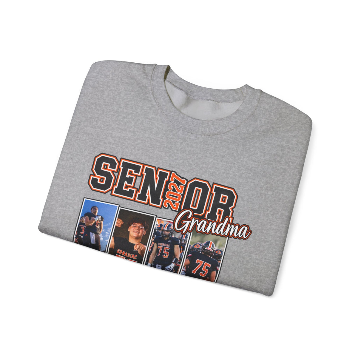 Senior Grandma Photo Collage Sweatshirt — Custom Number 75 Football Crewneck