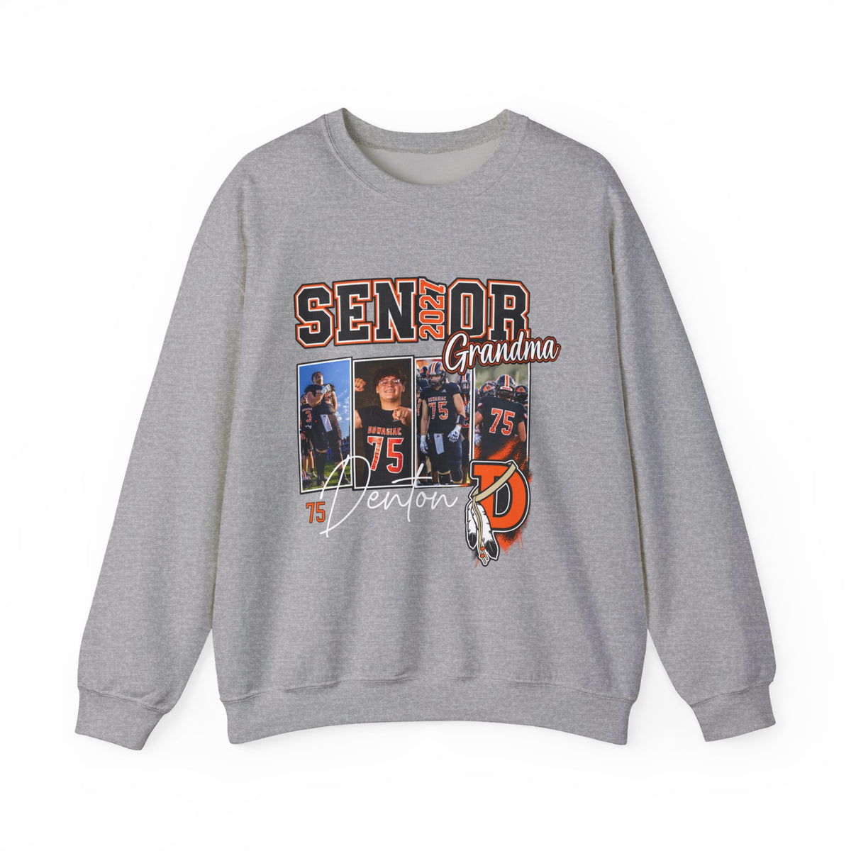 Senior Grandma Photo Collage Sweatshirt — Custom Number 75 Football Crewneck
